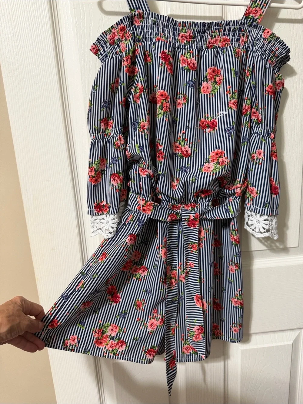My Michelle Navy & White Striped Floral Cold-Shoulder One-Piece